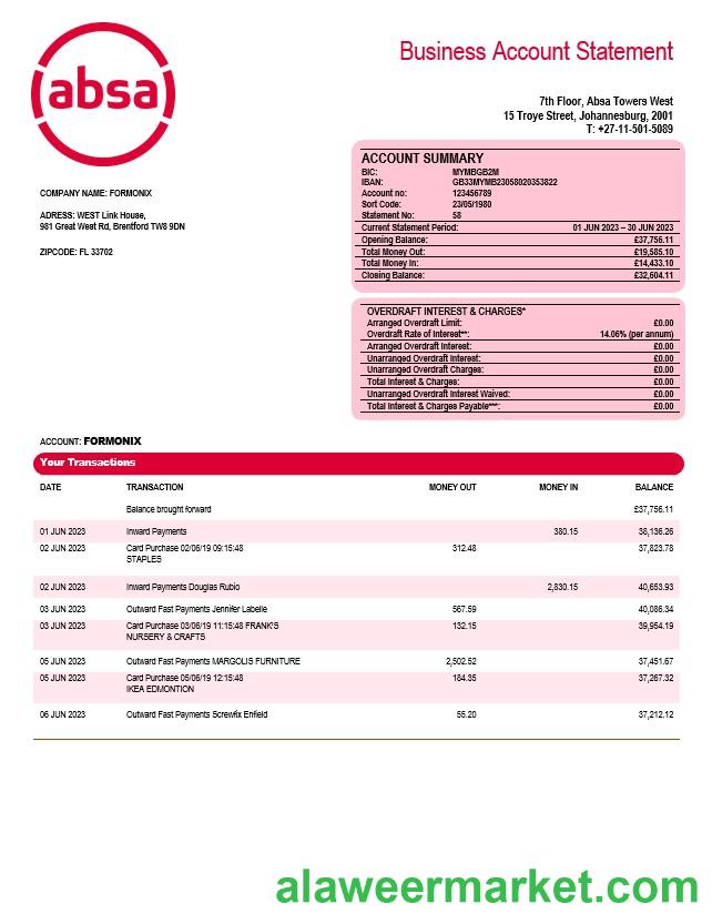 Absa Bank company checking account statement Word and PDF template
